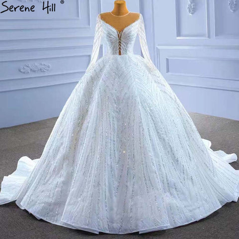 White Beaded Luxury Wedding Dresses 2025 Long Sleeves Lace Up Bride Gowns HM67382 Custom Made