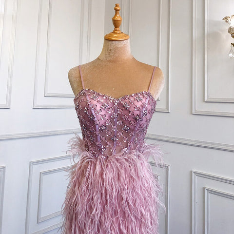 White Elegant Mermaid Sexy Spaghetti Strap Split Feathers Luxury Evening Dresses 2025 LA71685