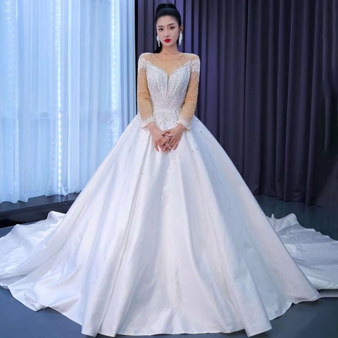 White High End Luxury Beaded Long Sleeves Lace Up Bride Gowns Wedding Dress 2025 Custom Made HM67493