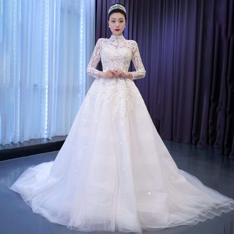 White High End Luxury Lace Beaded High Neck Long Sleeves Lace Up Bride Gowns Wedding Dress 2025 Custom Made HM67486