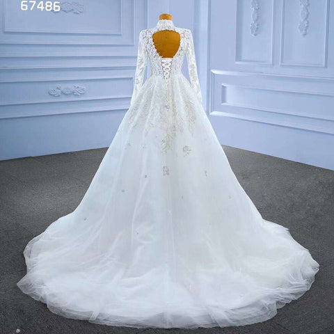 White High End Luxury Lace Beaded High Neck Long Sleeves Lace Up Bride Gowns Wedding Dress 2025 Custom Made HM67486