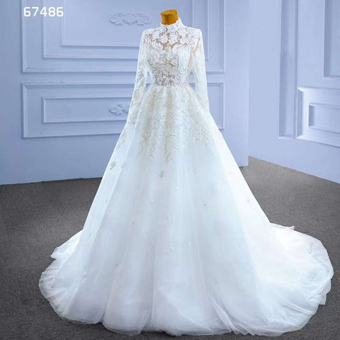 White High End Luxury Lace Beaded High Neck Long Sleeves Lace Up Bride Gowns Wedding Dress 2025 Custom Made HM67486