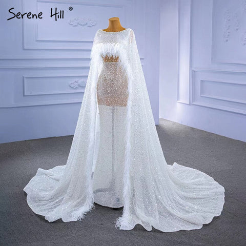 White High-end Luxury Evening Dresses Gowns 2025 Beaded Feather Cape Sleeve For Women Party HM67305
