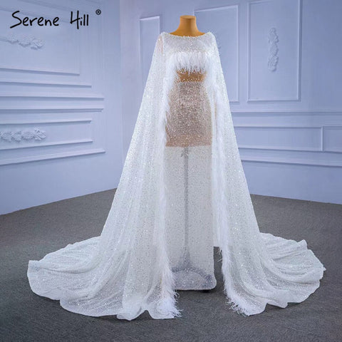 White High-end Luxury Evening Dresses Gowns 2025 Beaded Feather Cape Sleeve For Women Party HM67305