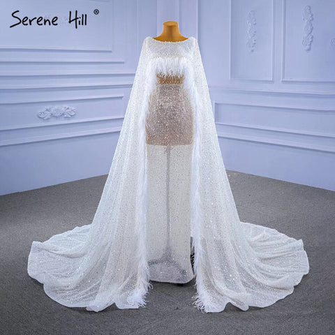White High-end Luxury Evening Dresses Gowns 2025 Beaded Feather Cape Sleeve For Women Party HM67305