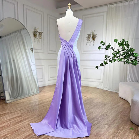 White Lilac Satin Evening Dress One Shoulder Midi Formal Party Gown Butterfly & Beaded for Women's Wedding LA72213