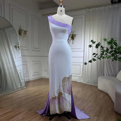 White Lilac Satin Evening Dress One Shoulder Midi Formal Party Gown Butterfly & Beaded for Women's Wedding LA72213