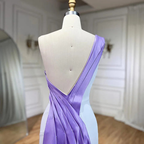 White Lilac Satin Evening Dress One Shoulder Midi Formal Party Gown Butterfly & Beaded for Women's Wedding LA72213