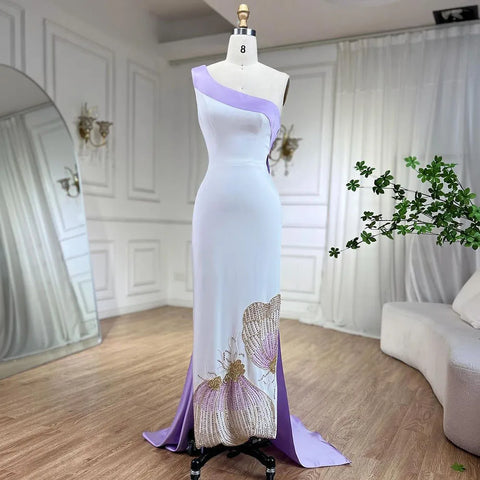 White Lilac Satin Evening Dress One Shoulder Midi Formal Party Gown Butterfly & Beaded for Women's Wedding LA72213