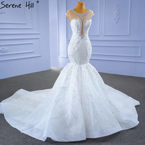 White Luxury Elegant Mermaid Wedding Dresses 2025 Beaded Diamond Cap Sleeves Bride Gowns HM67296 Custom Made