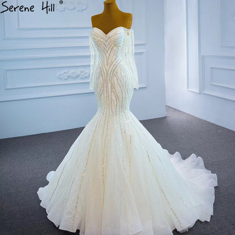 White Luxury Mermaid Wedding Dresses 2025 Elegant Beading Pearls Sexy Bridal Gowns HM67242