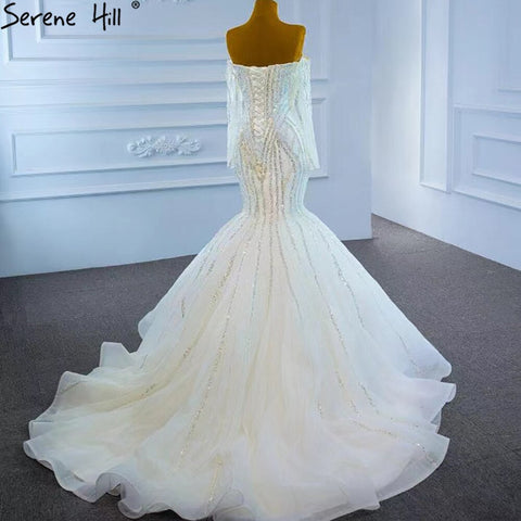 White Luxury Mermaid Wedding Dresses 2025 Elegant Beading Pearls Sexy Bridal Gowns HM67242