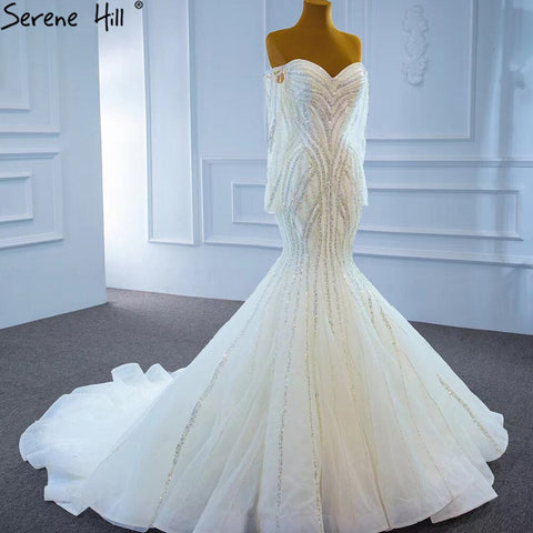 White Luxury Mermaid Wedding Dresses 2025 Elegant Beading Pearls Sexy Bridal Gowns HM67242