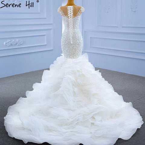 White Luxury Mermaid Wedding Dresses Gowns 2025 Elegant Beaded Ruffles Bridal Dress HM67291