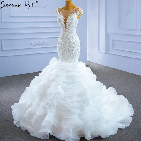 White Luxury Mermaid Wedding Dresses Gowns 2025 Elegant Beaded Ruffles Bridal Dress HM67291