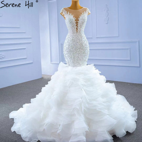 White Luxury Mermaid Wedding Dresses Gowns 2025 Elegant Beaded Ruffles Bridal Dress HM67291