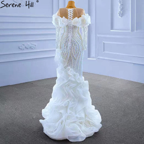 White Luxury Ruffles Wedding Dresses Gowns 2025 Mermaid Beaded Pearls Elegant Bridal Dress HM67418