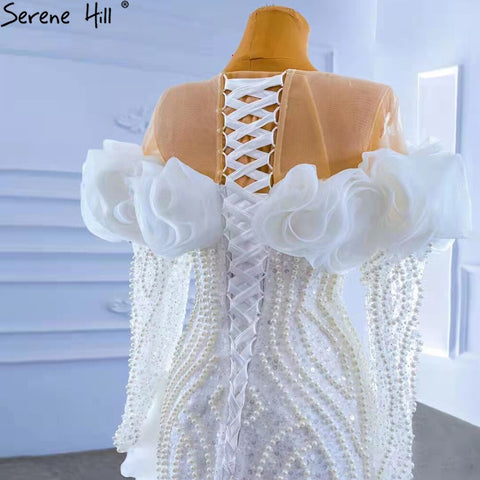White Luxury Ruffles Wedding Dresses Gowns 2025 Mermaid Beaded Pearls Elegant Bridal Dress HM67418