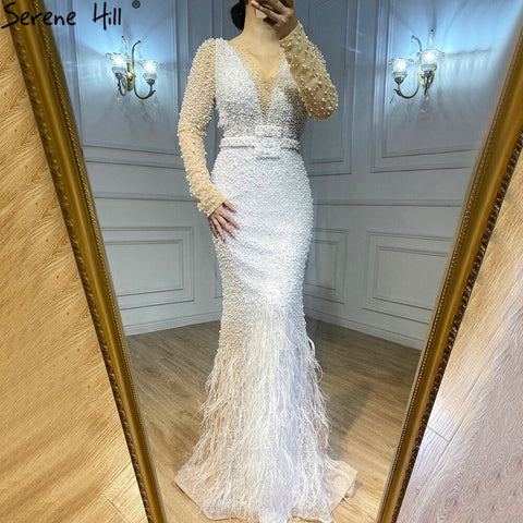 White Mermaid Luxury Evening Dresses Gowns 2025 Elegant Pearls Feathers For Women Party LA70633