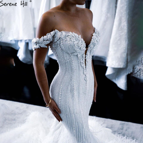 White Mermaid Luxury Sexy Wedding Dresses 2025 Pearls Feathers Elegant Bridal Gowns LA70899 Custom Made