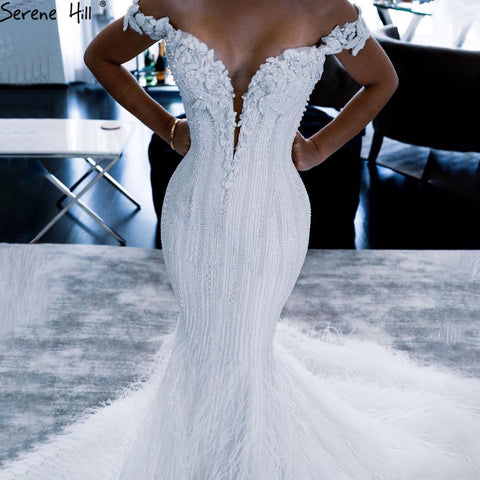 White Mermaid Luxury Sexy Wedding Dresses 2025 Pearls Feathers Elegant Bridal Gowns LA70899 Custom Made