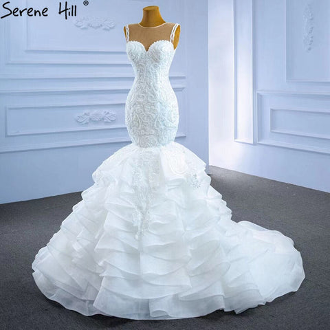 White Mermaid Luxury Wedding Dresses 2025 Beaded Tiered Sexy Elegant Bride Gowns HM62755 Custom Made