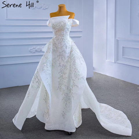 White Mermaid Overskirt Evening Dresses Gowns 2025 Beaded Elegant Luxury For Women Party HM67336