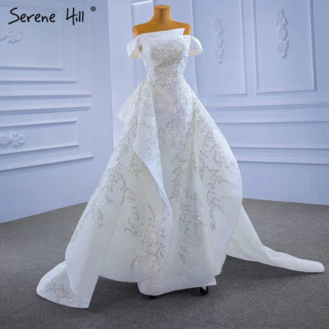 White Mermaid Overskirt Evening Dresses Gowns 2025 Beaded Elegant Luxury For Women Party HM67336