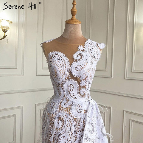 Robe de soirée sirène blanche avec jupe et plumes, élégante et formelle, en dentelle, pour femmes, modèle 2025, LA71143 