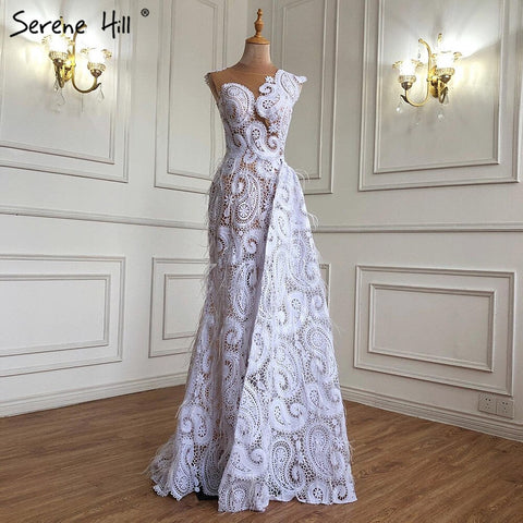 Robe de soirée sirène blanche avec jupe et plumes, élégante et formelle, en dentelle, pour femmes, modèle 2025, LA71143 