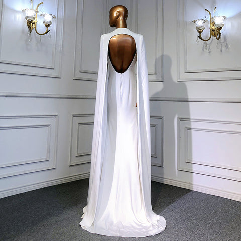 White Mermaid Satin Evening Dresses Gowns 2025 Cape Sleeves Backless Sexy For Women Party LA70628