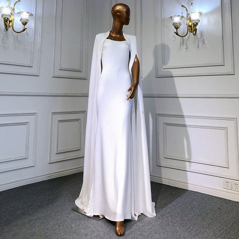 White Mermaid Satin Evening Dresses Gowns 2025 Cape Sleeves Backless Sexy For Women Party LA70628