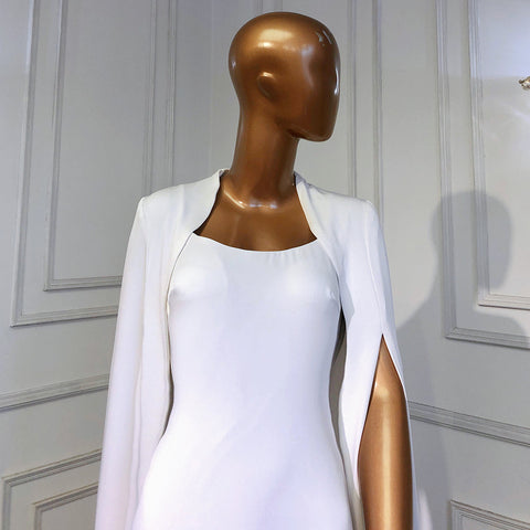 White Mermaid Satin Evening Dresses Gowns 2025 Cape Sleeves Backless Sexy For Women Party LA70628