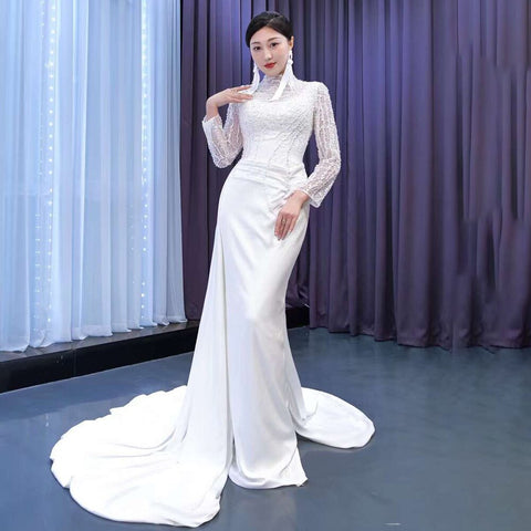 White Mermaid Satin Long Sleeves Lace Beaded Lace Up Bride Gowns Wedding Dress 2025 High End Custom Made HM67457
