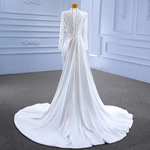 White Mermaid Satin Long Sleeves Lace Beaded Lace Up Bride Gowns Wedding Dress 2025 High End Custom Made HM67457