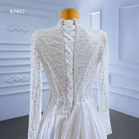 White Mermaid Satin Long Sleeves Lace Beaded Lace Up Bride Gowns Wedding Dress 2025 High End Custom Made HM67457