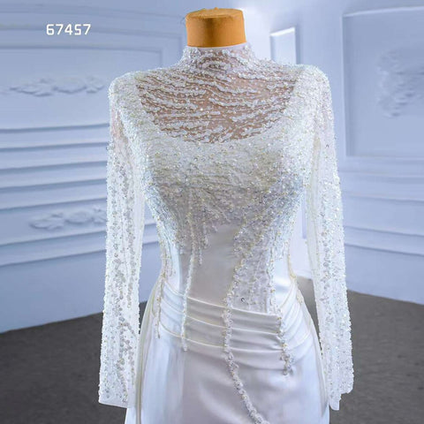 White Mermaid Satin Long Sleeves Lace Beaded Lace Up Bride Gowns Wedding Dress 2025 High End Custom Made HM67457