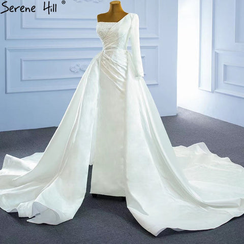 White Mermaid Satin Wedding Dresses 2025 Beaded Pearls Overskirt Sexy Bridal Dress HM67244 Custom Made