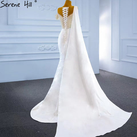 White Mermaid With Train Evening Dresses Gwons 2025 Satin Pearls Elegant Sexy For Women Party HM67238