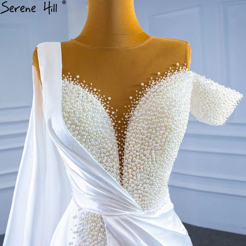 White Mermaid With Train Evening Dresses Gwons 2025 Satin Pearls Elegant Sexy For Women Party HM67238