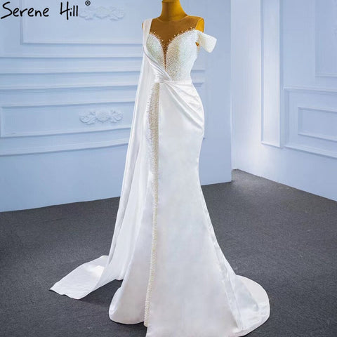 White Mermaid With Train Evening Dresses Gwons 2025 Satin Pearls Elegant Sexy For Women Party HM67238