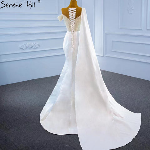 White Mermaid With Train Evening Dresses Gwons 2025 Satin Pearls Elegant Sexy For Women Party HM67238