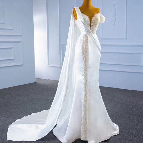 White Mermaid With Train Evening Dresses Gwons 2025 Satin Pearls Elegant Sexy For Women Party HM67238