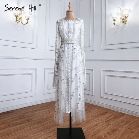White Muslim  Caftan Luxury Mermaid Evening Dress 2025 Cape Sleeves Beading Gowns Elegant For Women Party LA71015