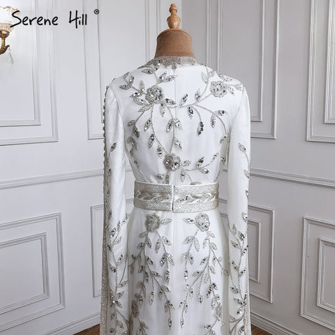 White Muslim  Caftan Luxury Mermaid Evening Dress 2025 Cape Sleeves Beading Gowns Elegant For Women Party LA71015