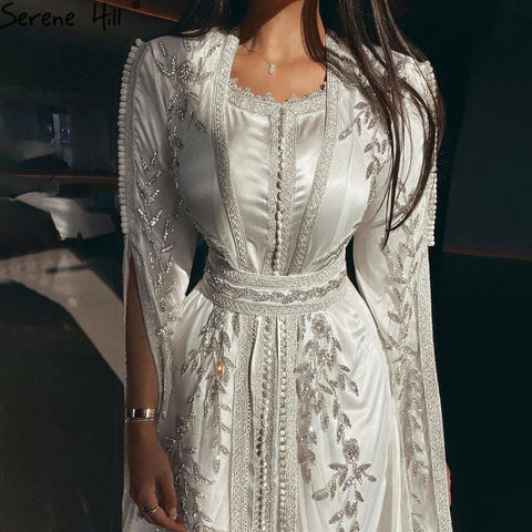 White Muslim  Caftan Luxury Mermaid Evening Dress 2025 Cape Sleeves Beading Gowns Elegant For Women Party LA71015