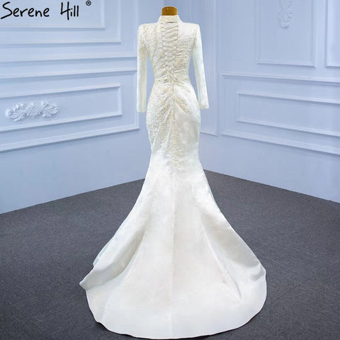 White Muslim Detachable Train Wedding Dresses 2025 Mermaid Elegant Beading Satin Bridal Dress HM67248 Custom Made