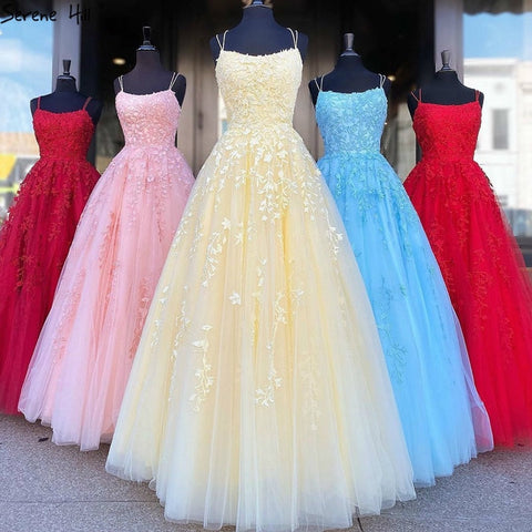 White Nude A-Line Prom Dresses 2025 Crystal Lace Flower Spaghetti Strap Graduation School Party Gown LA70506