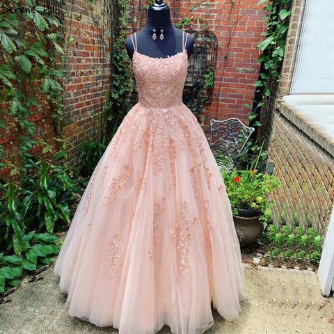 White Nude A-Line Prom Dresses 2025 Crystal Lace Flower Spaghetti Strap Graduation School Party Gown LA70506