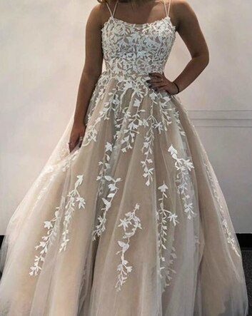White Nude A-Line Prom Dresses 2025 Crystal Lace Flower Spaghetti Strap Graduation School Party Gown LA70506